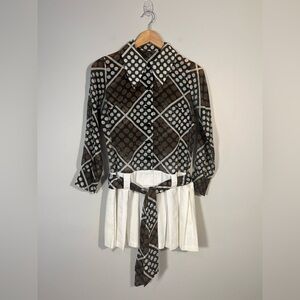 Vintage 70s Mod Style Mini Dress Brown White Polka Dot Pleated White Skirt